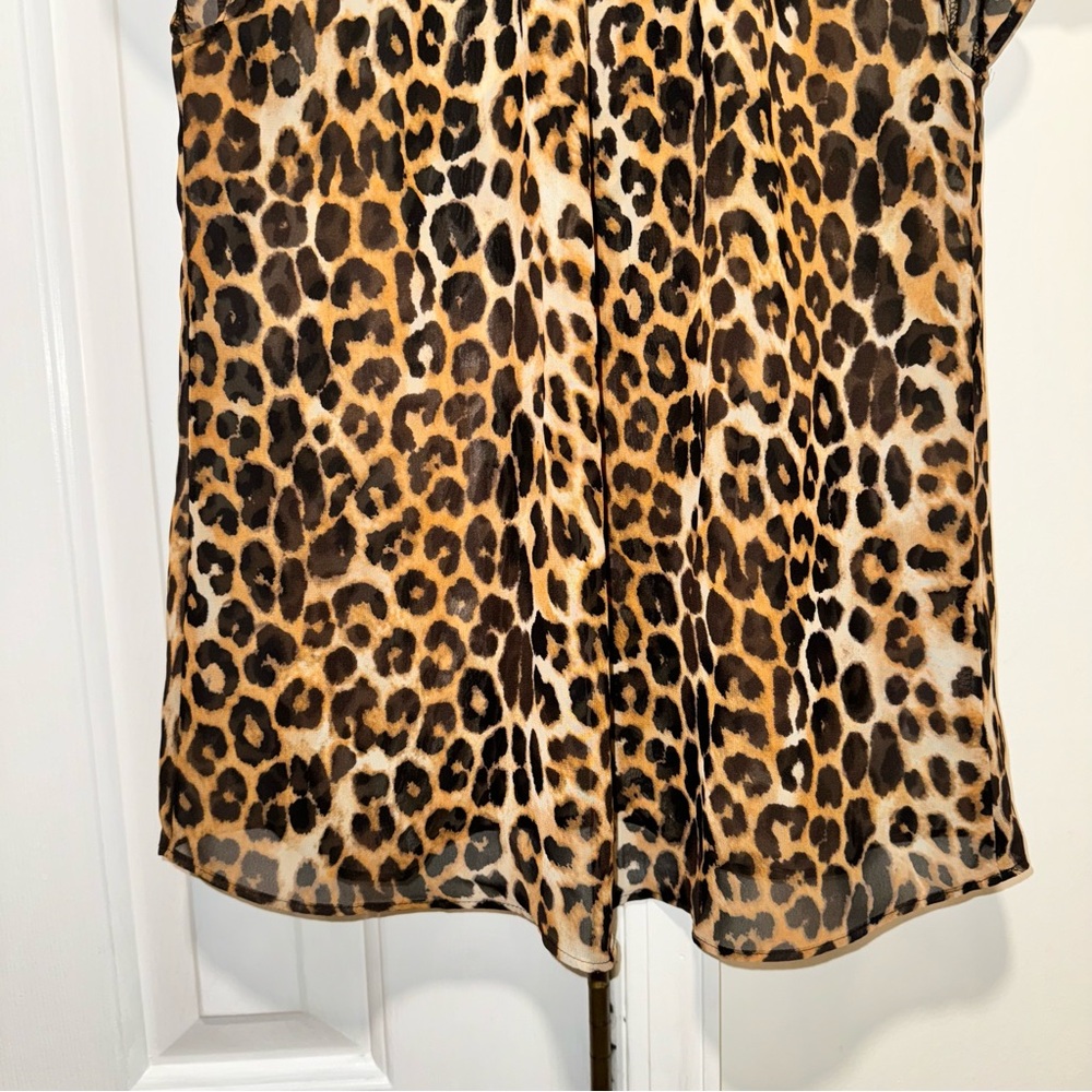 Express mock neck sheer leopard print short sleeve blouse top brown black S - Picture 7 of 16